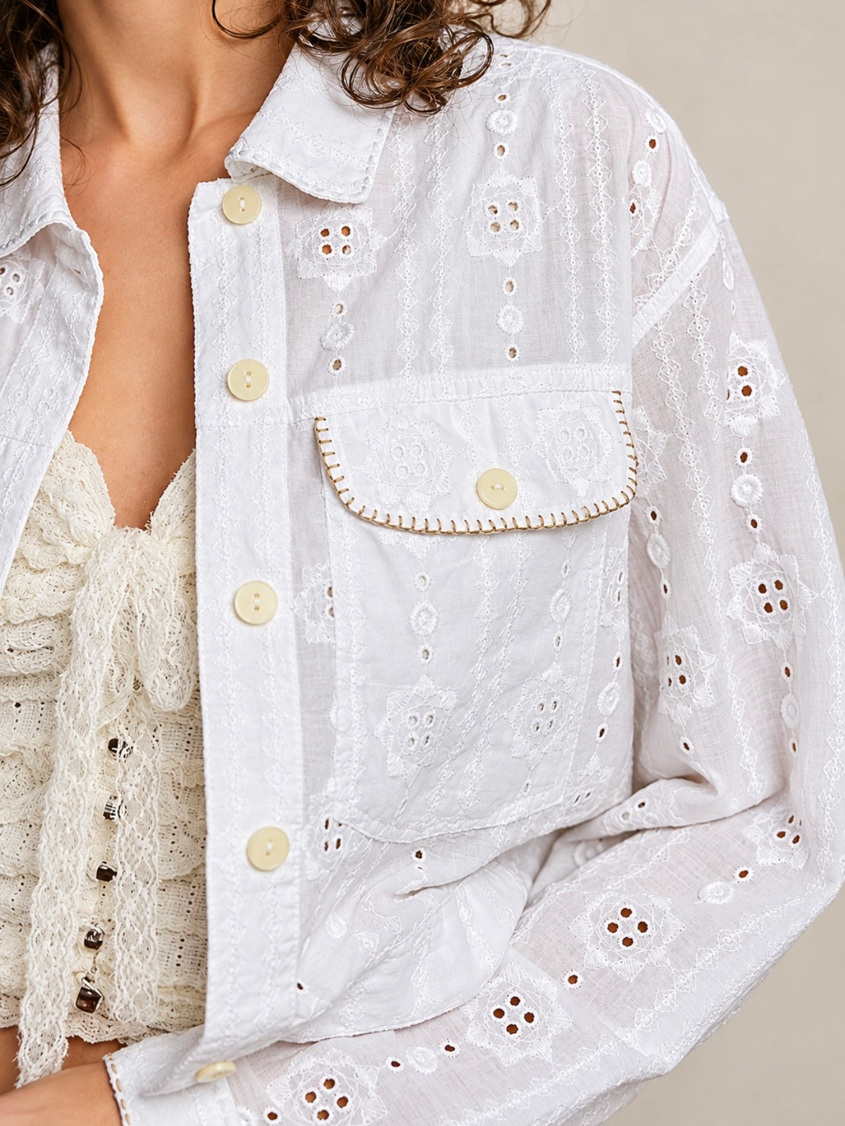Off-White Eyelet Embroidered Cropped Jacket