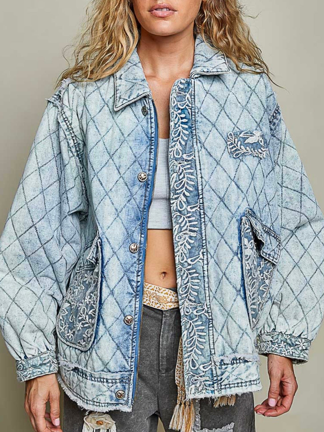 Light Blue Quilted Denim Jacket with Floral Embroidery