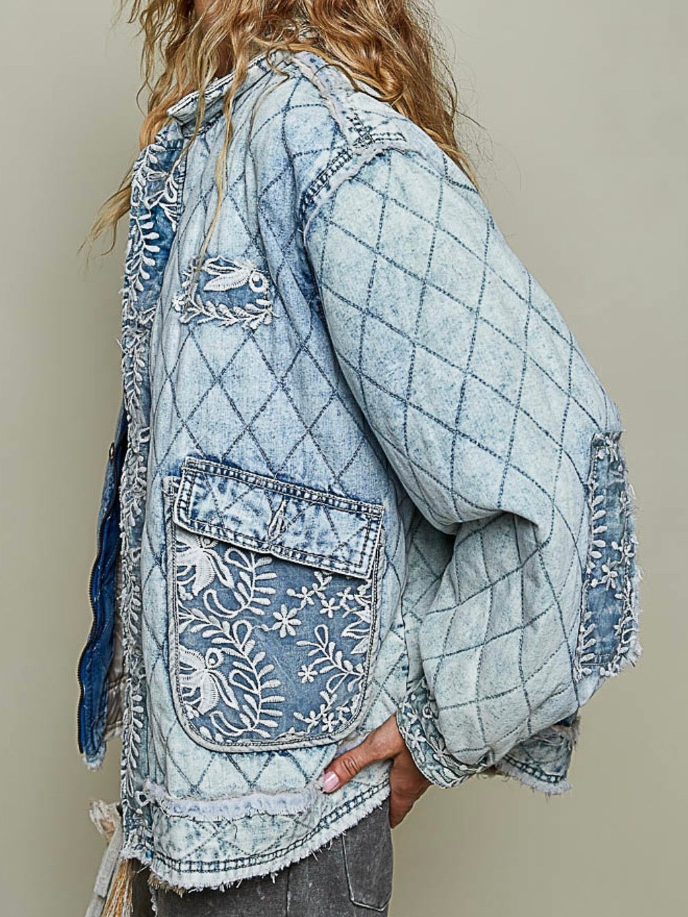 Light Blue Quilted Denim Jacket with Floral Embroidery