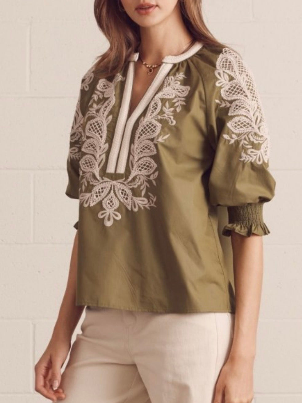 Floral Embroidered Split-Neck Blouse