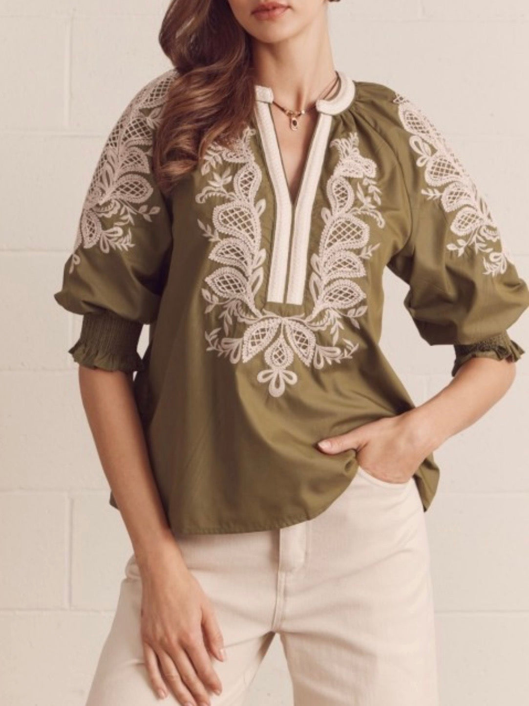 Floral Embroidered Split-Neck Blouse