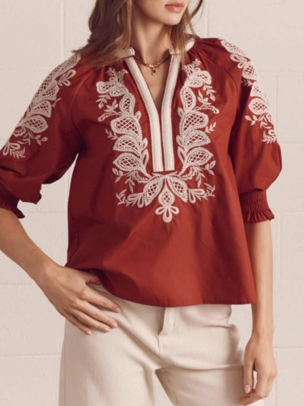 Floral Embroidered Split-Neck Blouse