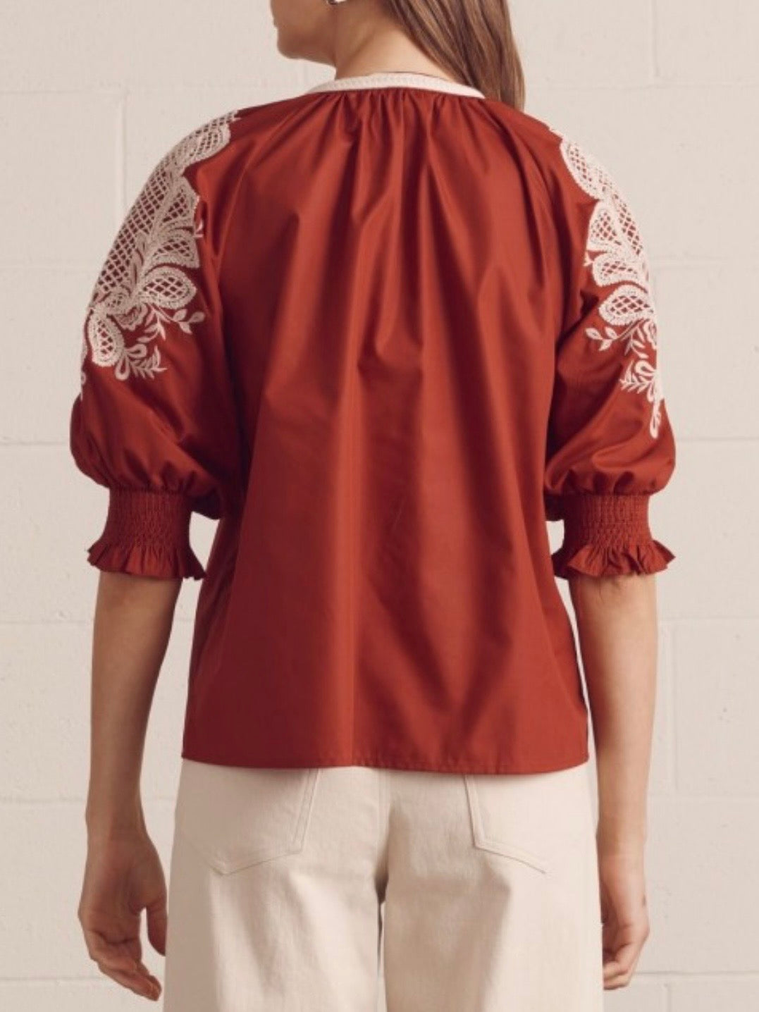 Floral Embroidered Split-Neck Blouse