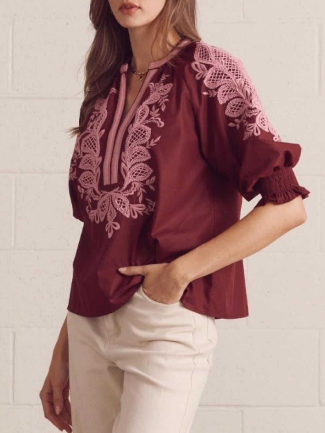 Floral Embroidered Split-Neck Blouse