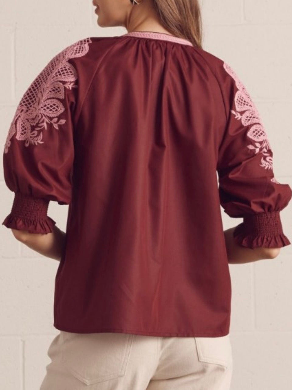 Floral Embroidered Split-Neck Blouse