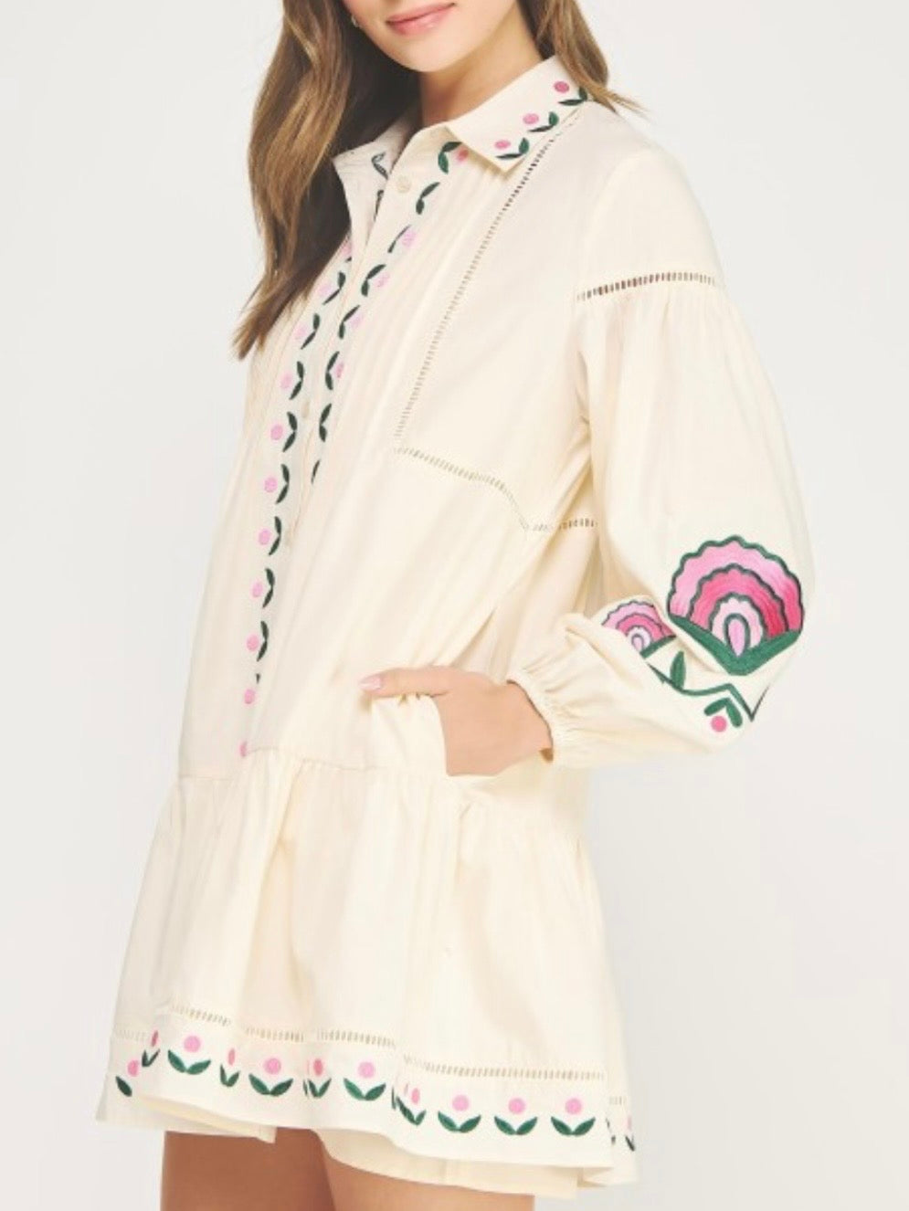 Beige and floral long sleeves detail short mini dress