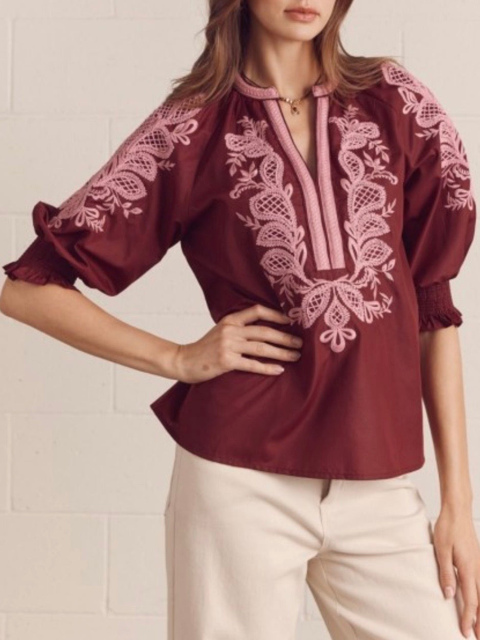 Floral Embroidered Split-Neck Blouse