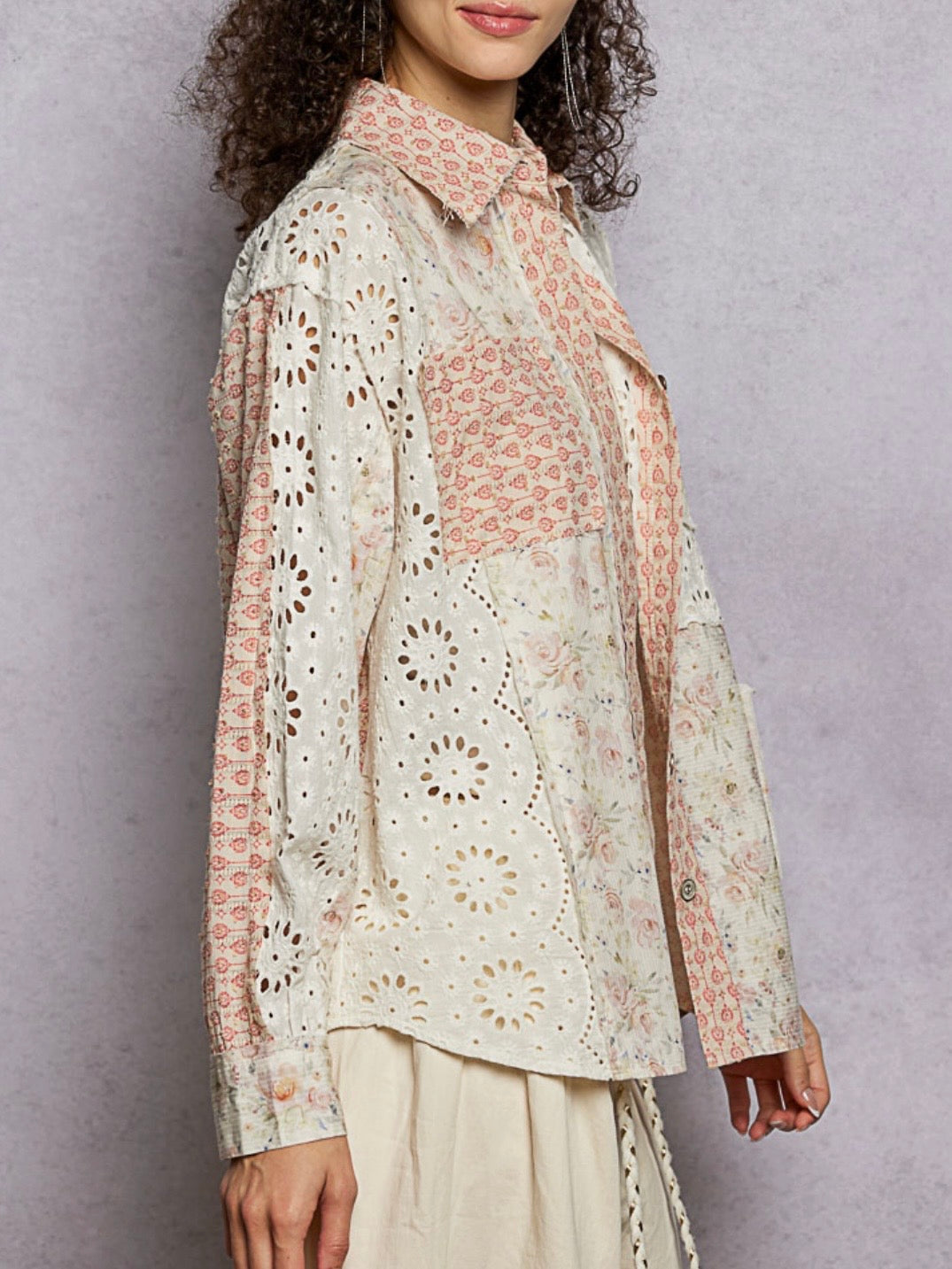 Mixed Print Patchwork Shacket – Floral Eyelet Button-Front Shirt