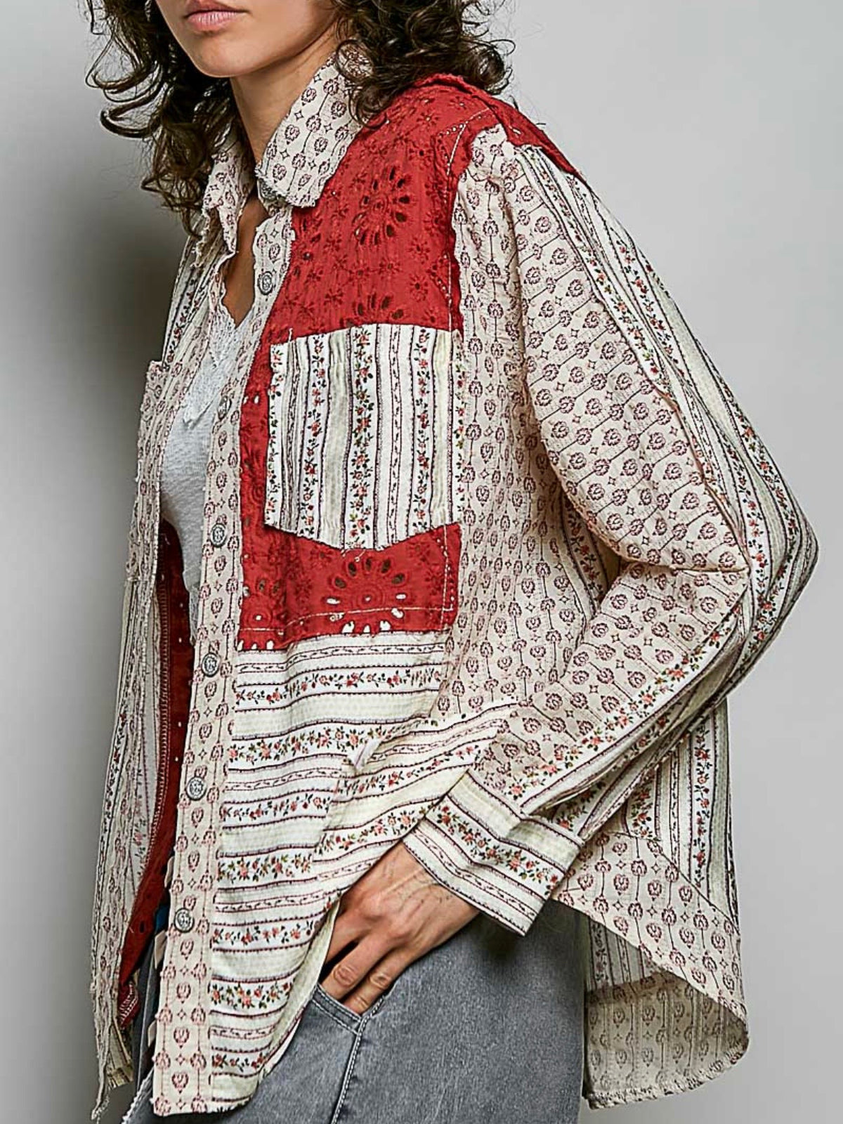 Mixed Print Patchwork Shacket – Floral Eyelet Button-Front Shirt