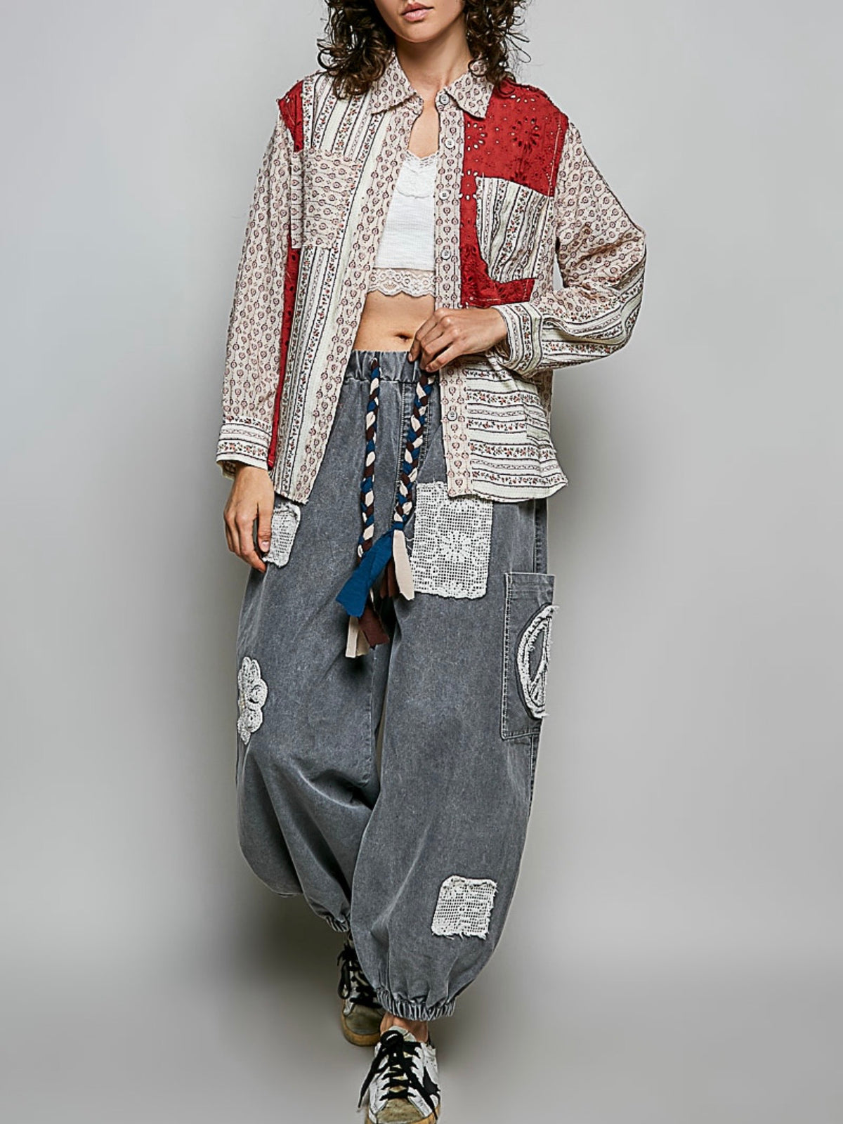 Mixed Print Patchwork Shacket – Floral Eyelet Button-Front Shirt