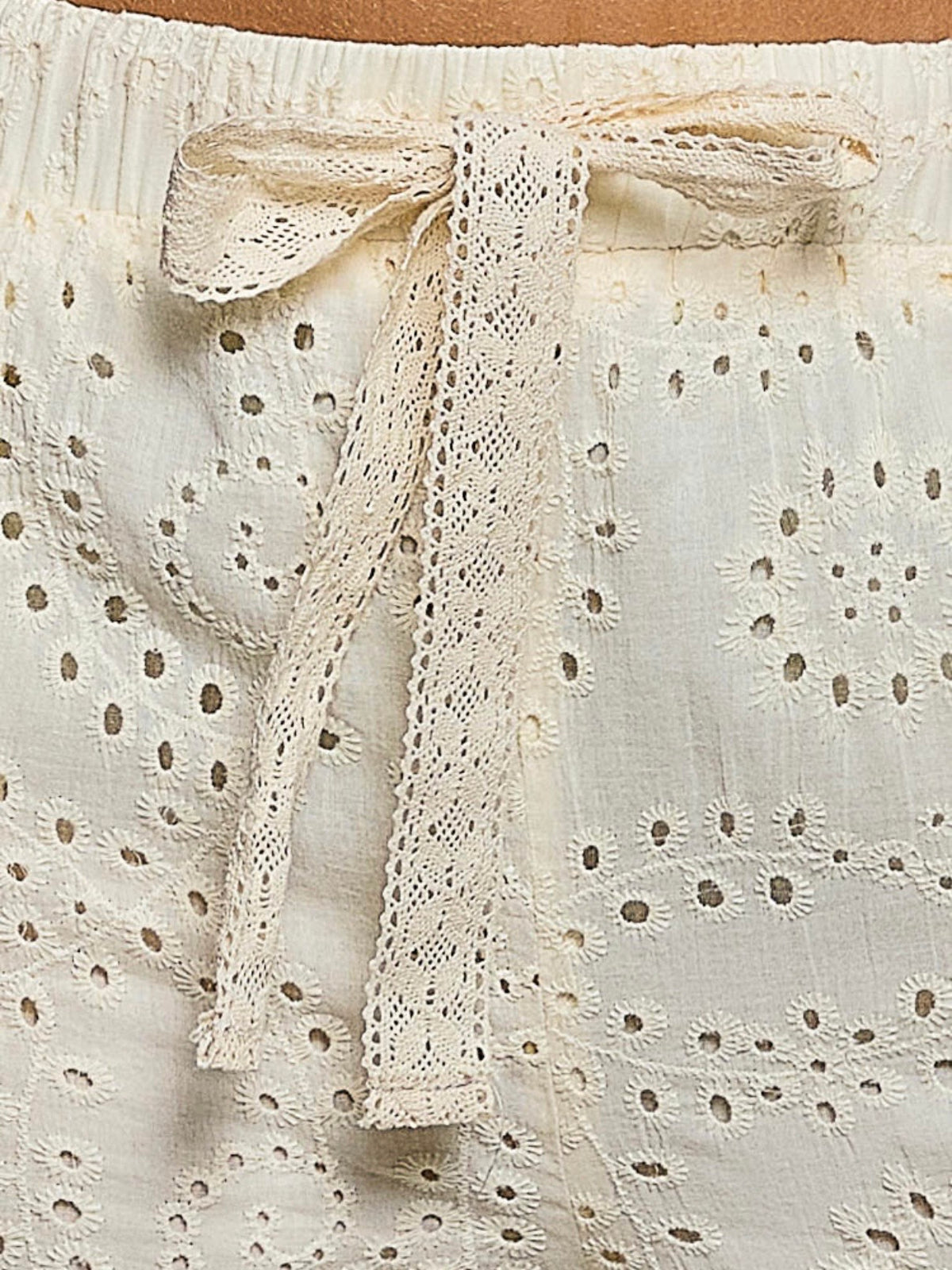 Natural Cream Eyelet Wide-Leg Pants with Ruffle Hem