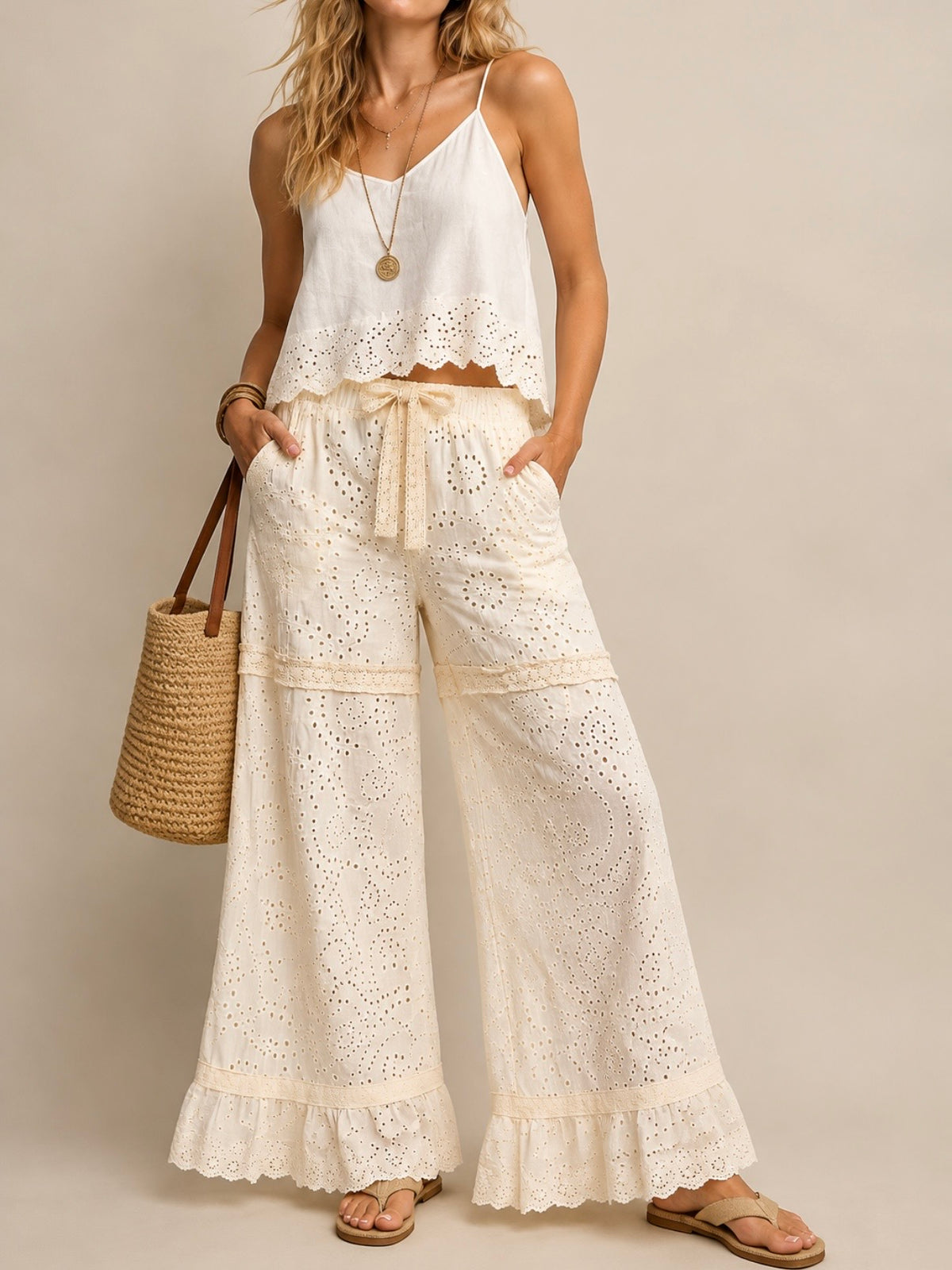 Natural Cream Eyelet Wide-Leg Pants with Ruffle Hem