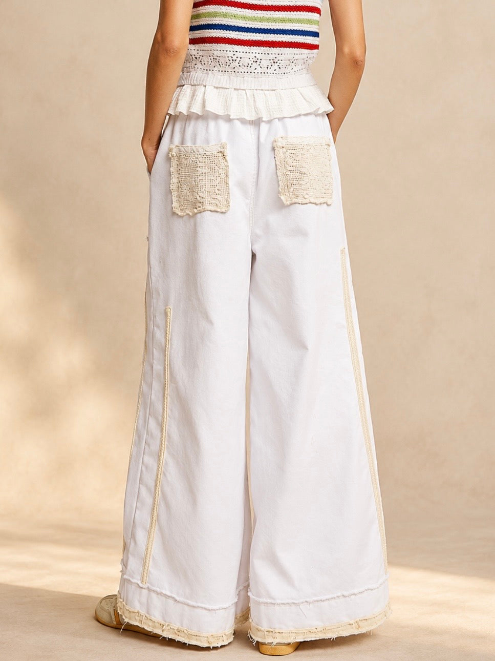 Off-White Wide-Leg Pants with Crochet Pockets