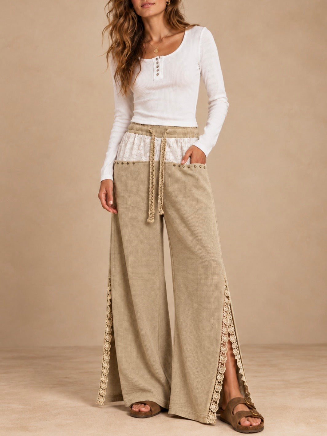 Beige Wide-Leg Pants with Crochet-Trim Side Slits
