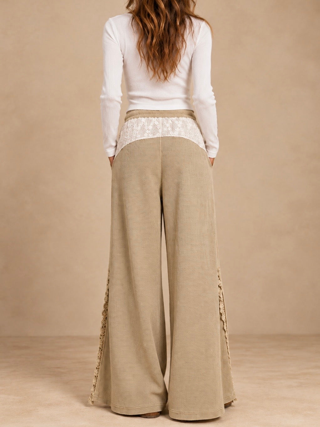 Beige Wide-Leg Pants with Crochet-Trim Side Slits