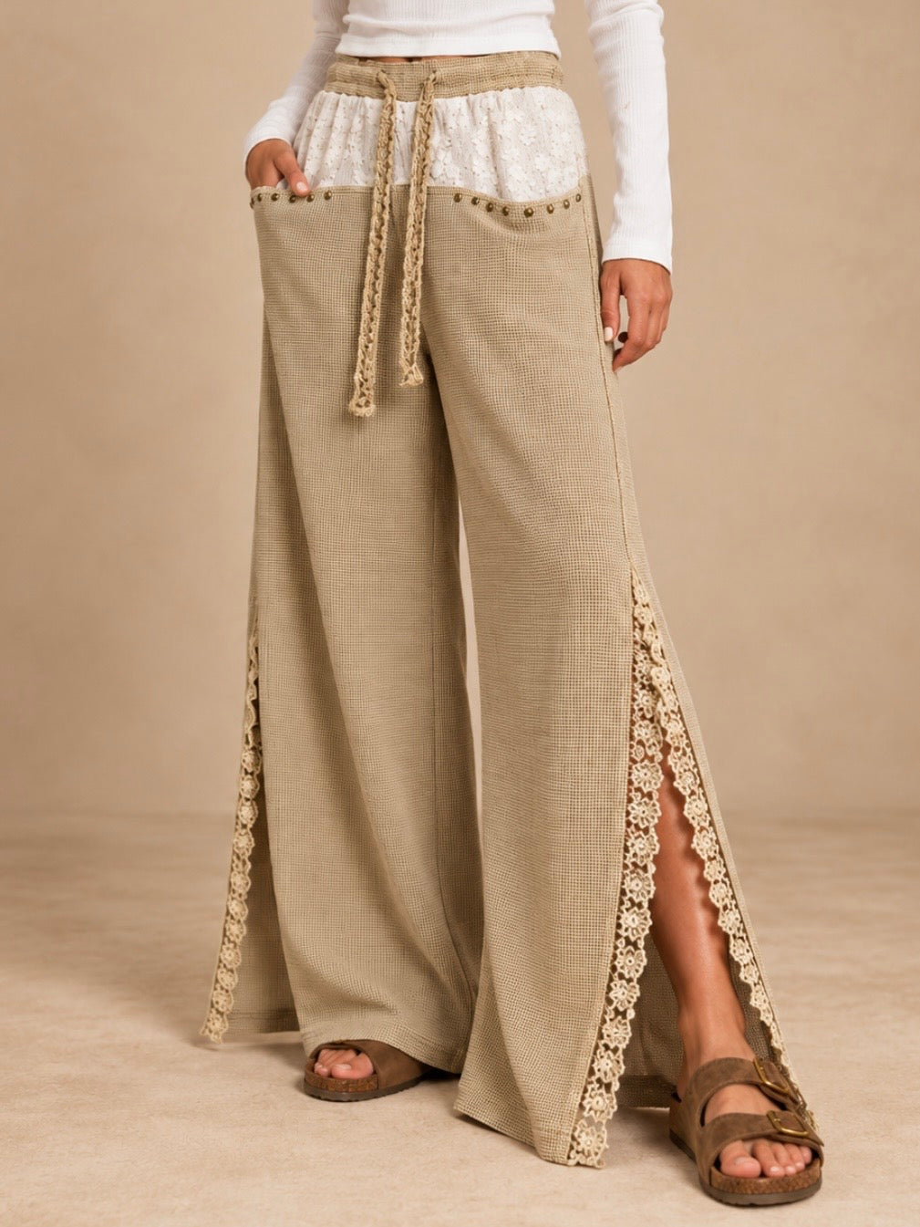 Beige Wide-Leg Pants with Crochet-Trim Side Slits