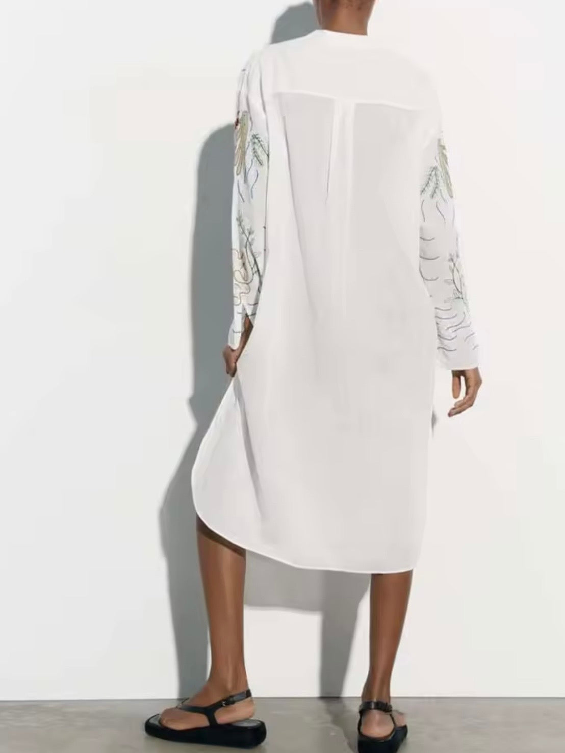 White Sea life embroidered details loose midi shirt dress