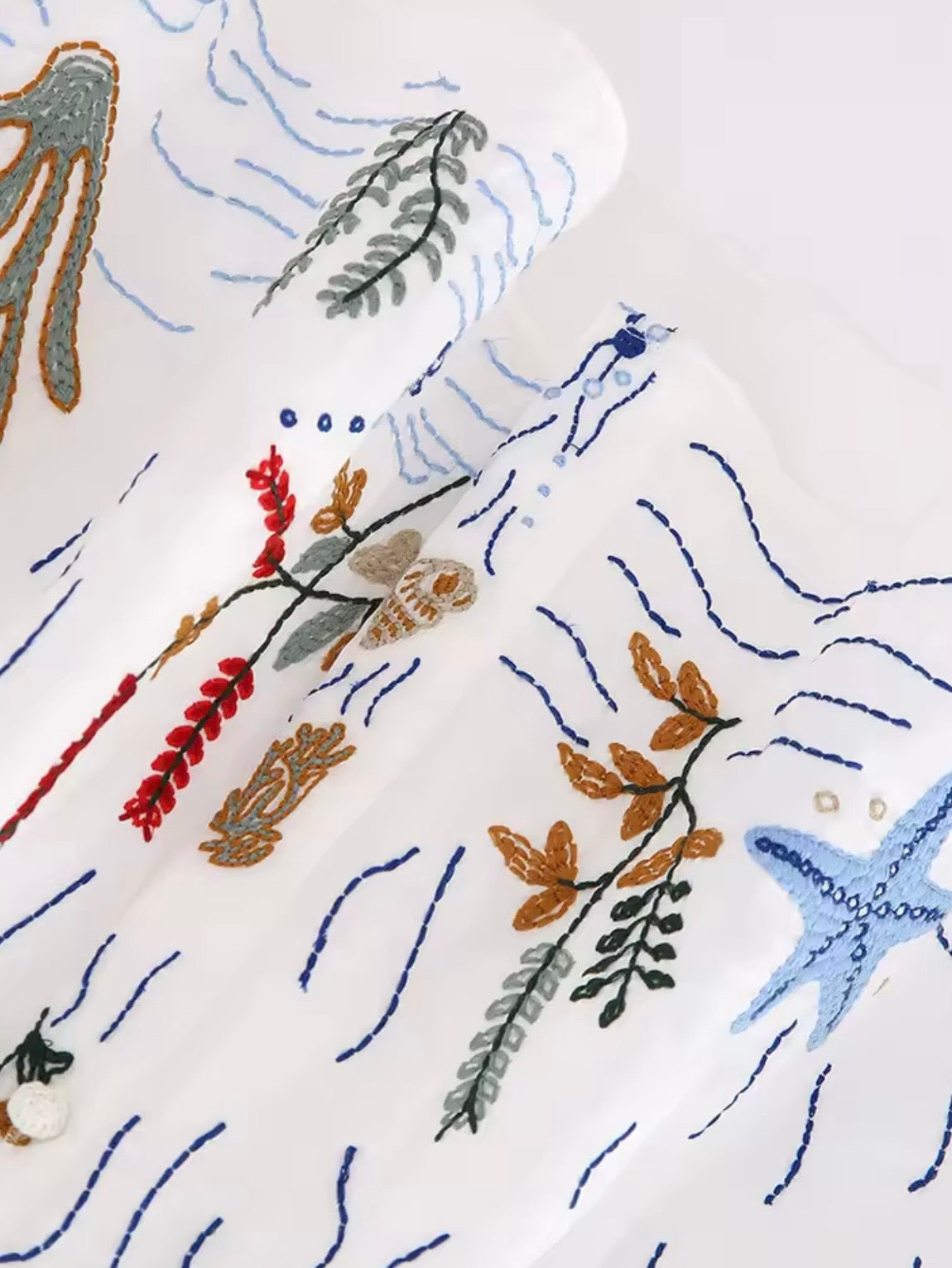 White Sea life embroidered details loose midi shirt dress
