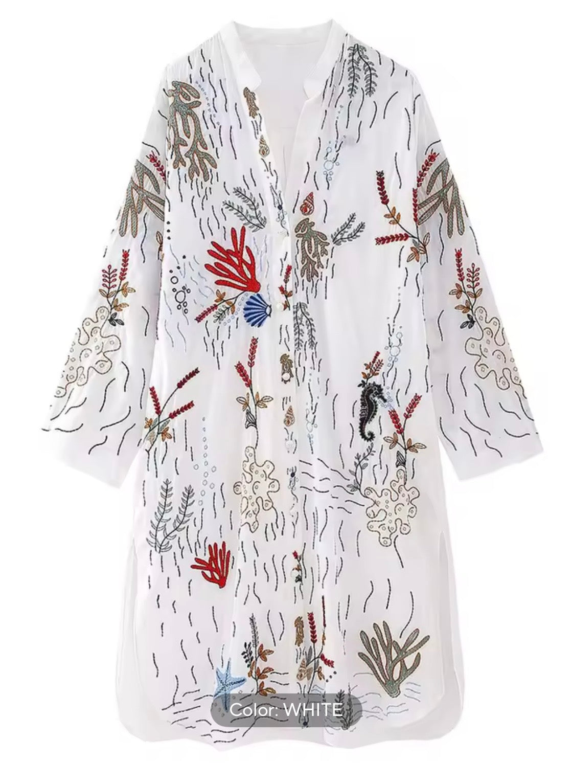 White Sea life embroidered details loose midi shirt dress