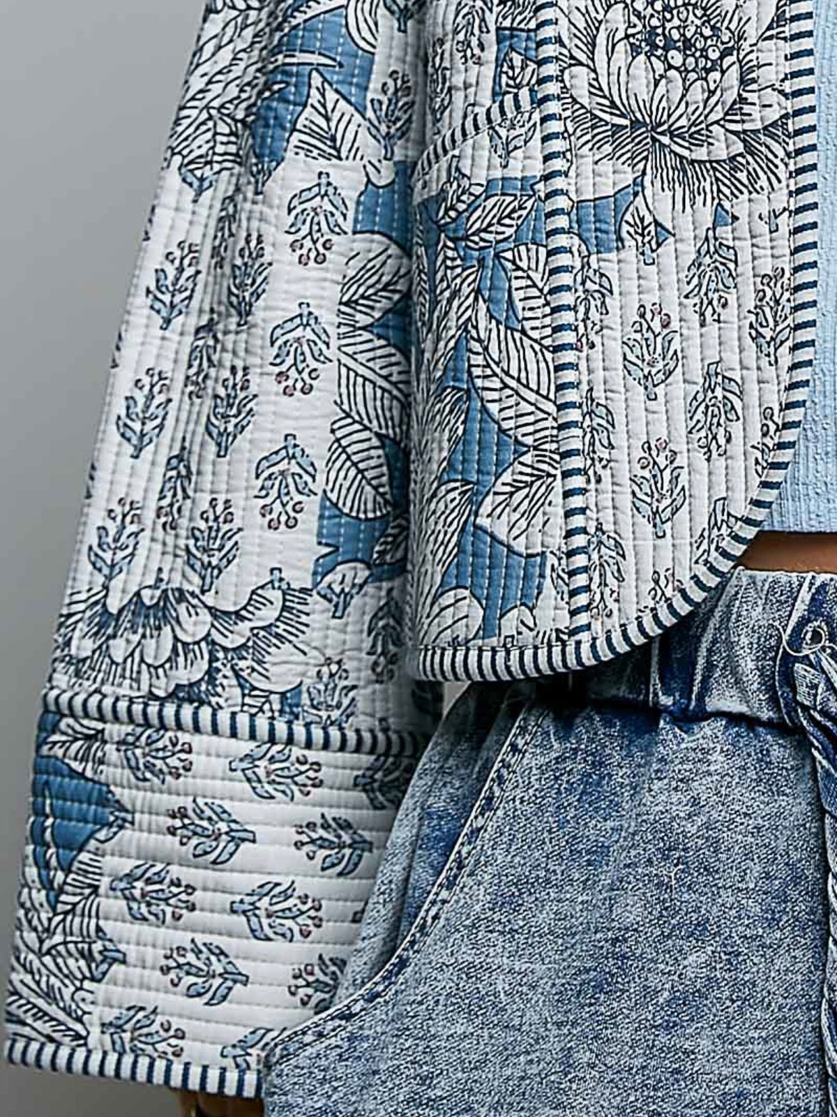 Light Blue Quilted Jacket with Floral Embroidery