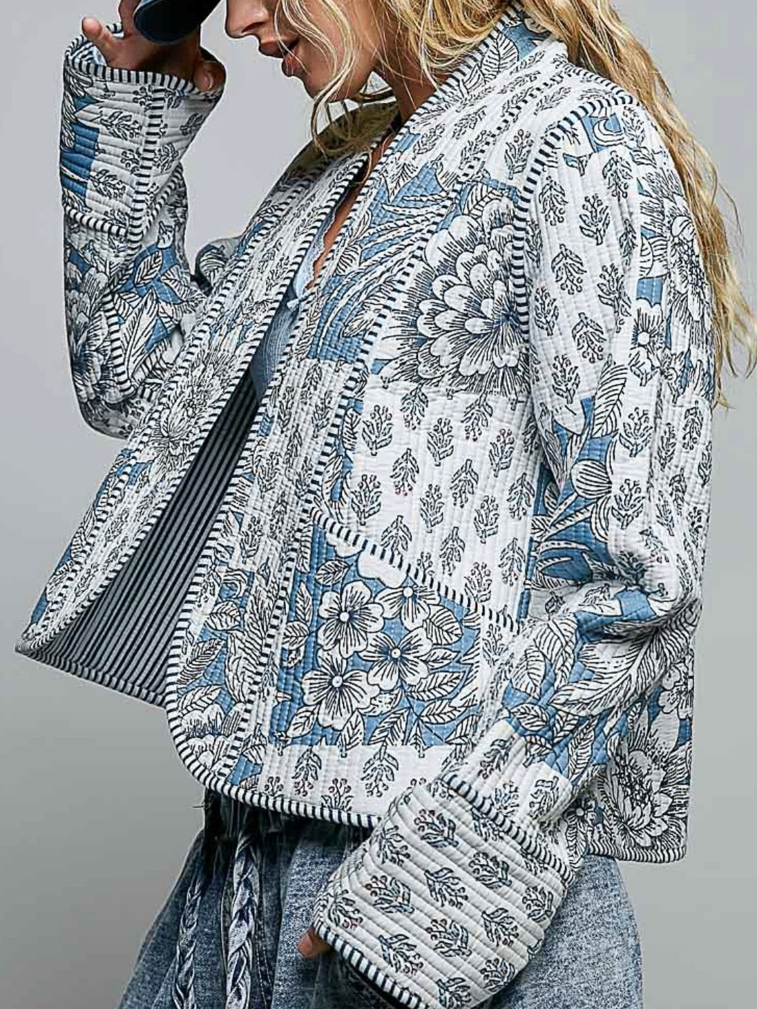 Light Blue Quilted Jacket with Floral Embroidery