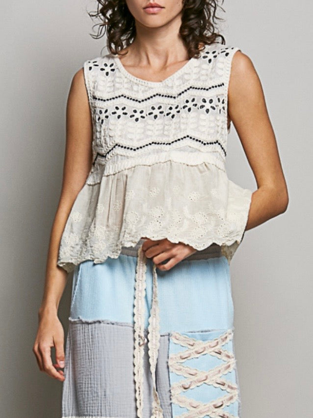 Beige natural and black lace sleeveless top