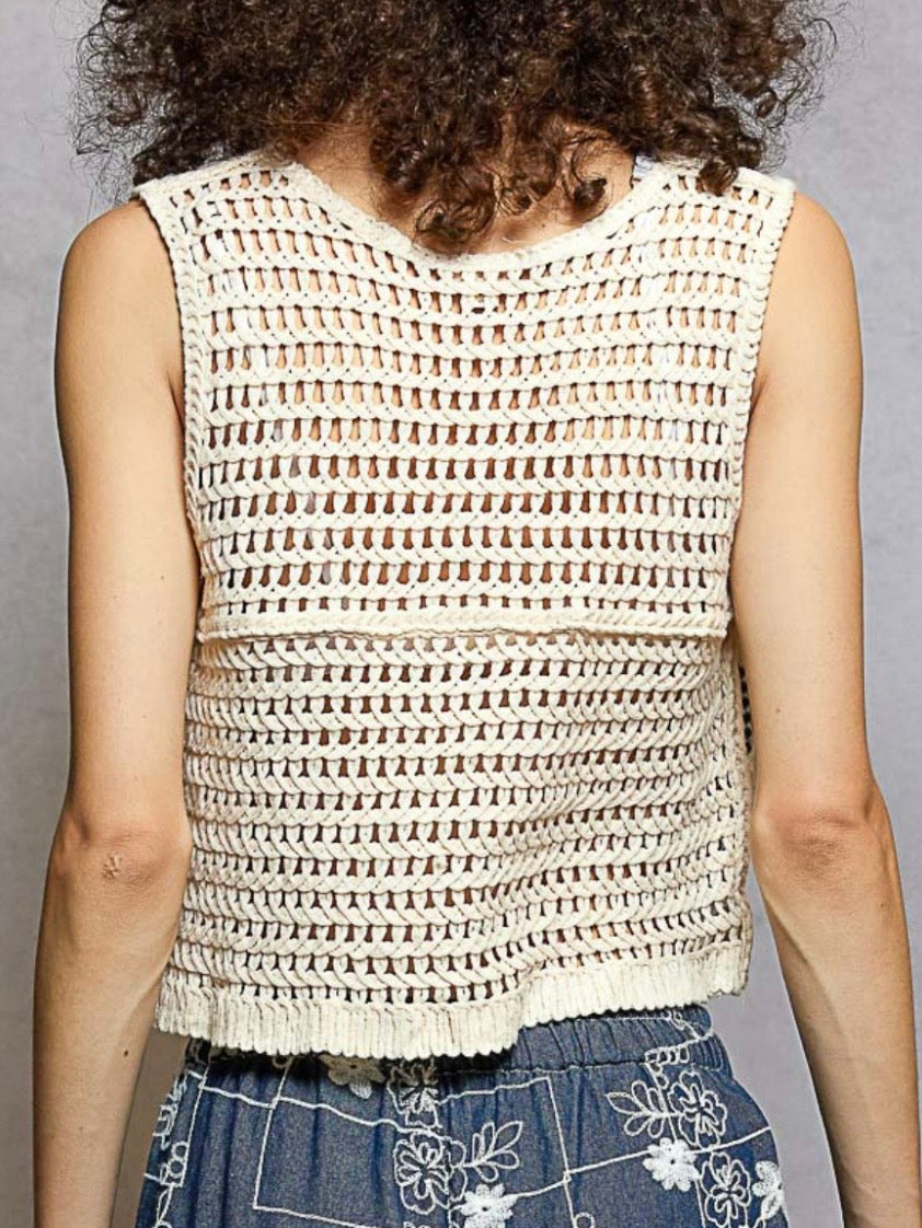 Blue and natural sleeveless crop top