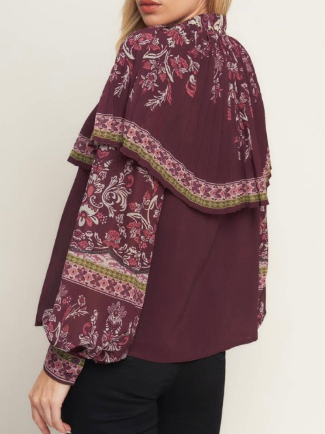 Burgundy Floral Capelet Blouse with Bow Tie