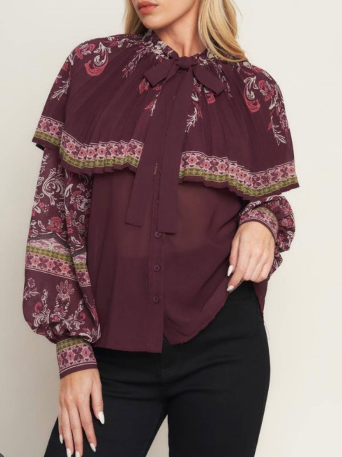 Burgundy Floral Capelet Blouse with Bow Tie