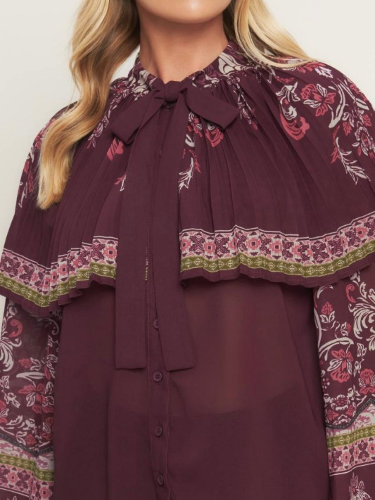 Burgundy Floral Capelet Blouse with Bow Tie