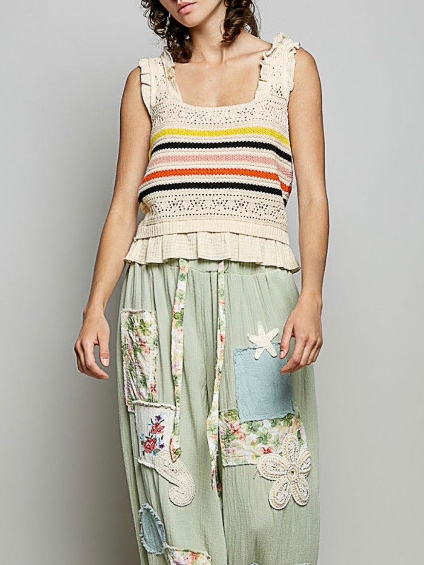 Knitted natural striped sleeveless crop top