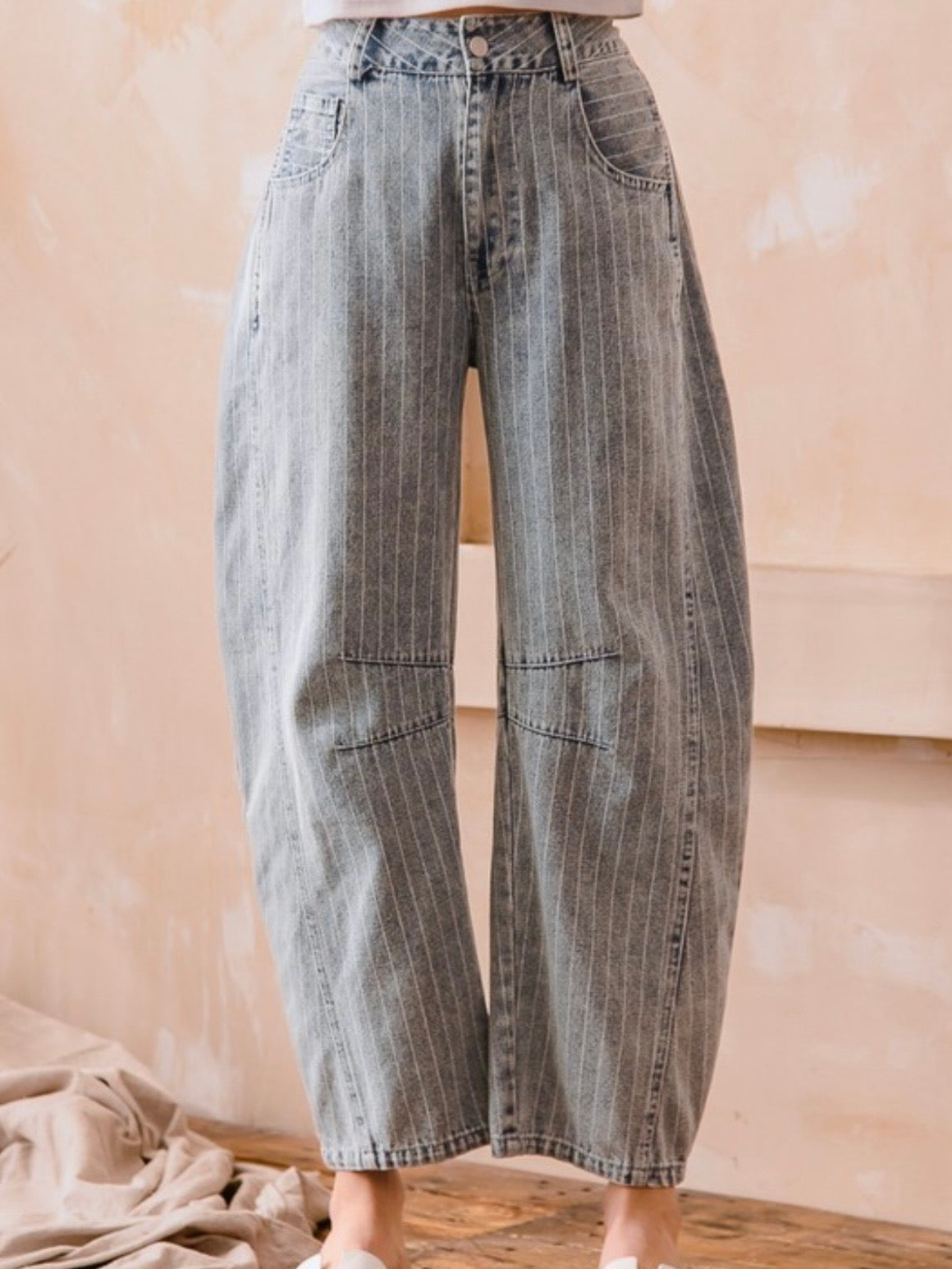 Washed light blue striped print Pattern Barrel Pants