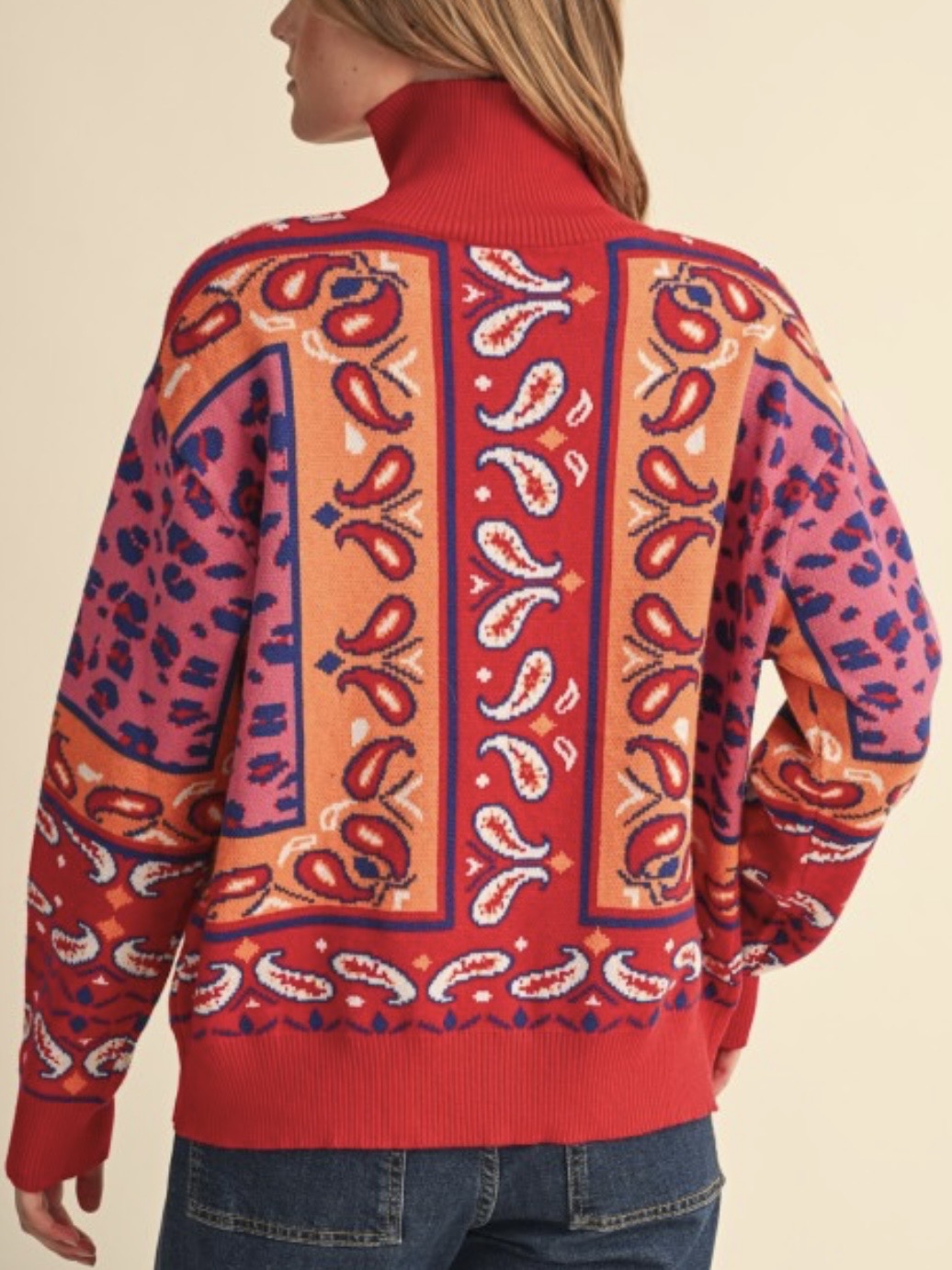 Red & Orange Paisley Half-Zip Knit Sweater