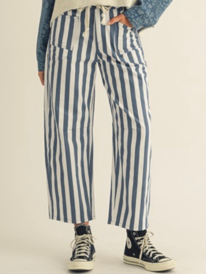 White and blue striped print Pattern Barrel Pants