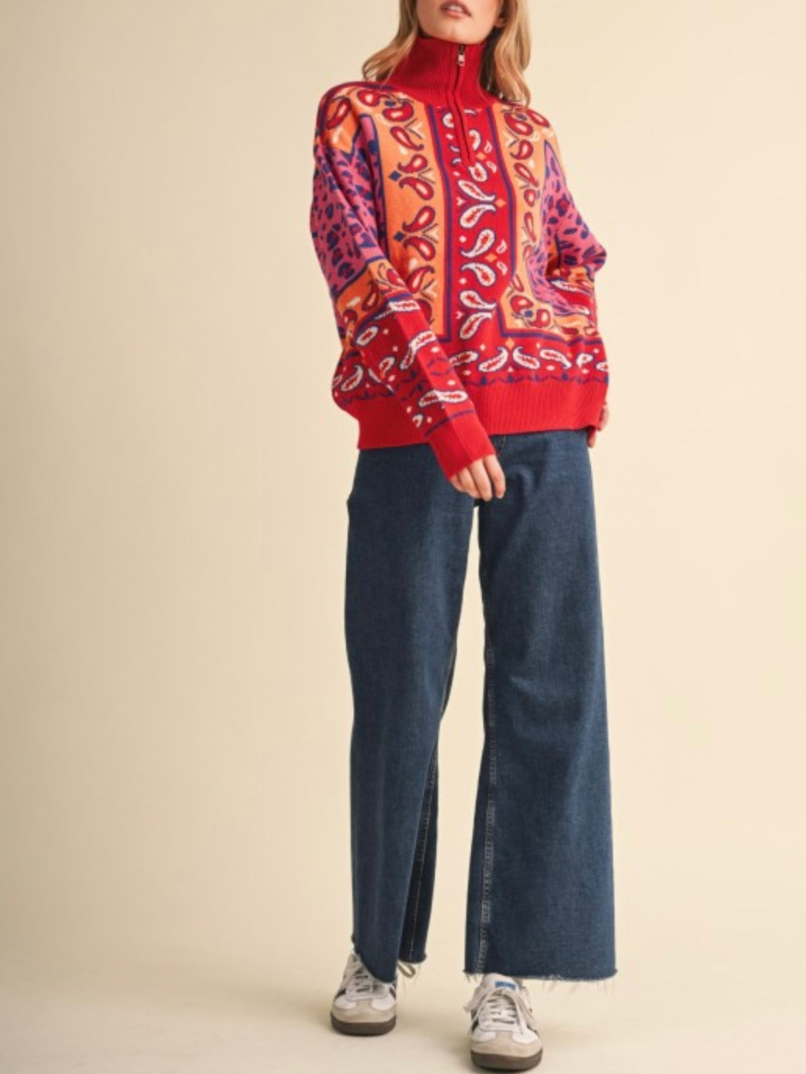 Red & Orange Paisley Half-Zip Knit Sweater