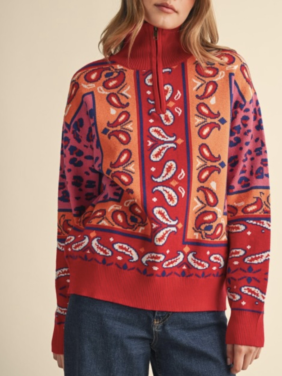 Red & Orange Paisley Half-Zip Knit Sweater