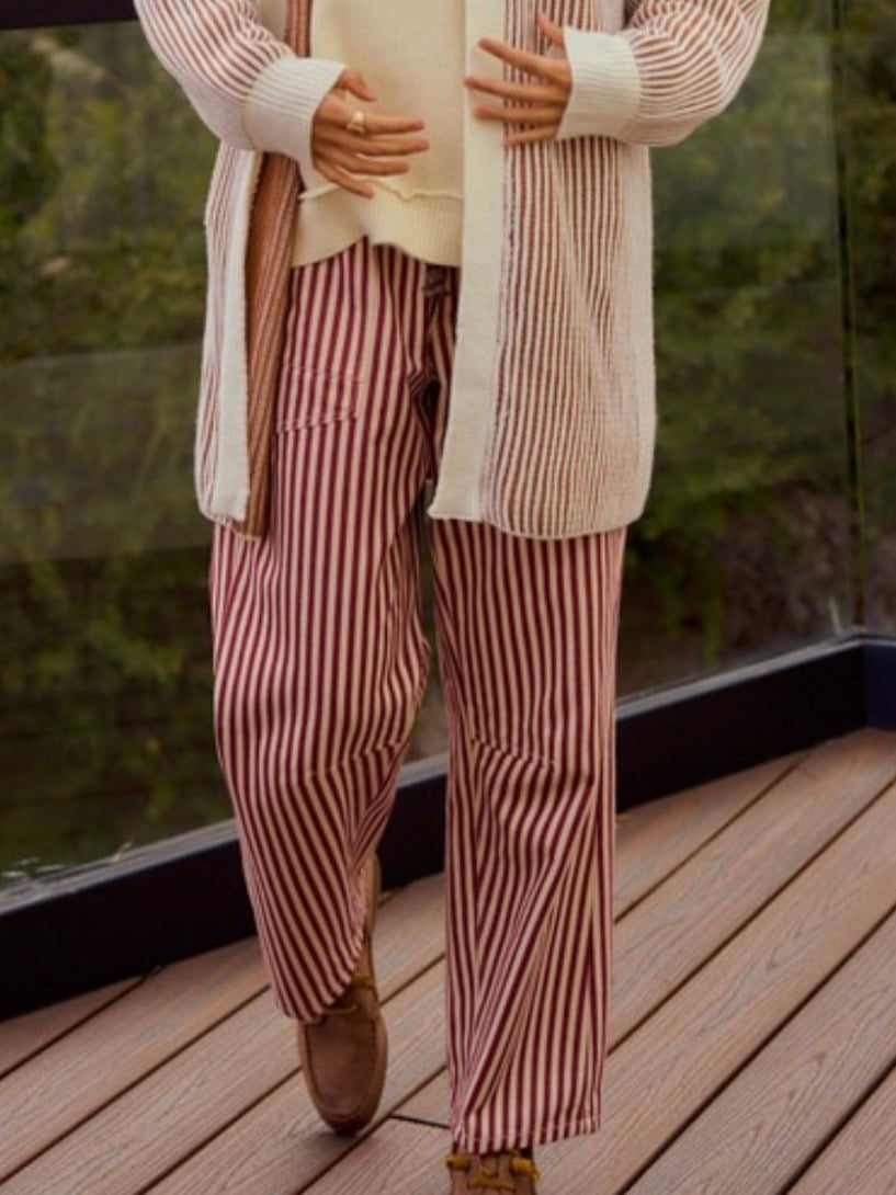 Red and white striped print Pattern Barrel Pants