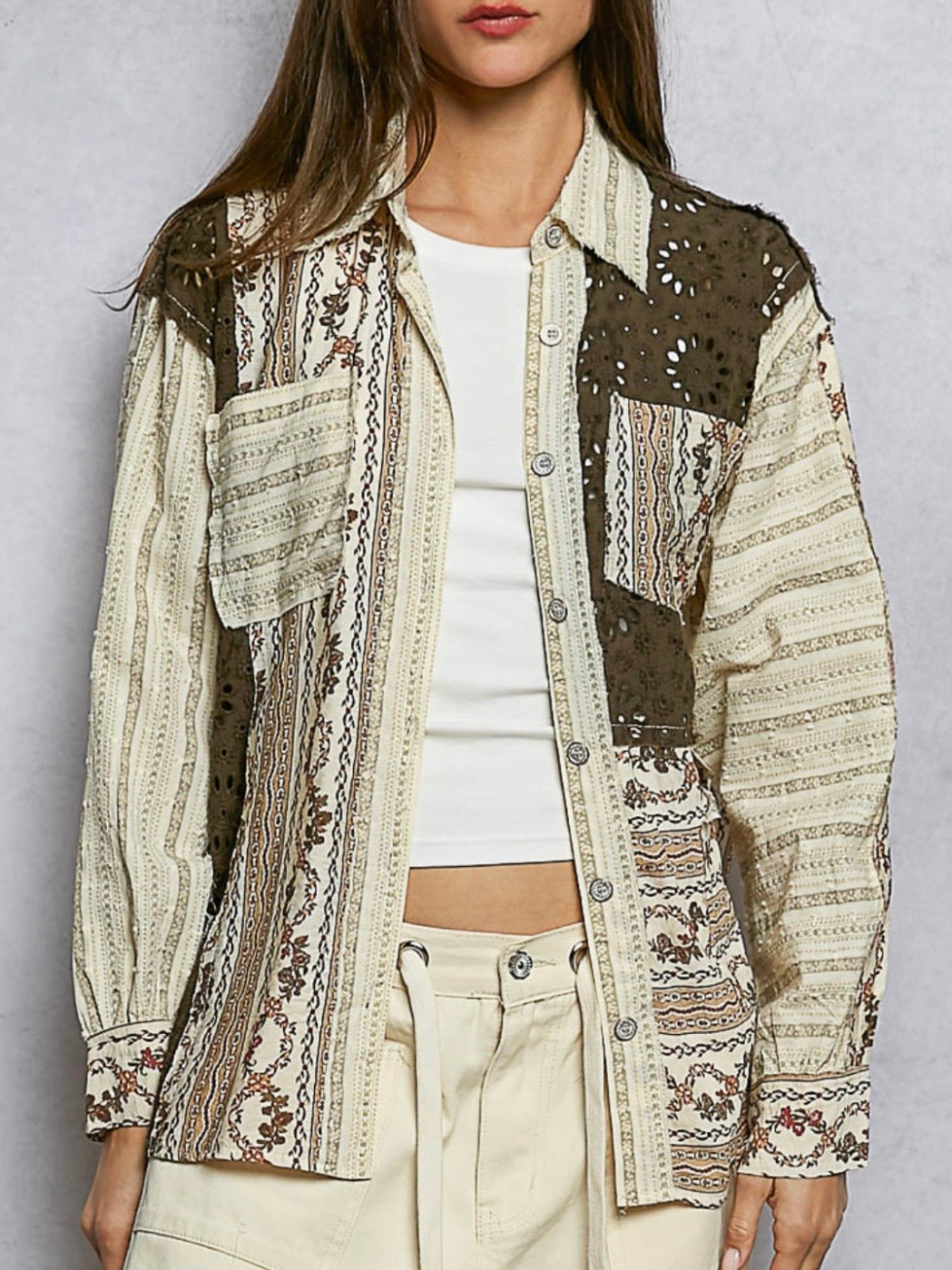 Beige and brown mix fabrics shacket - shirt lace details