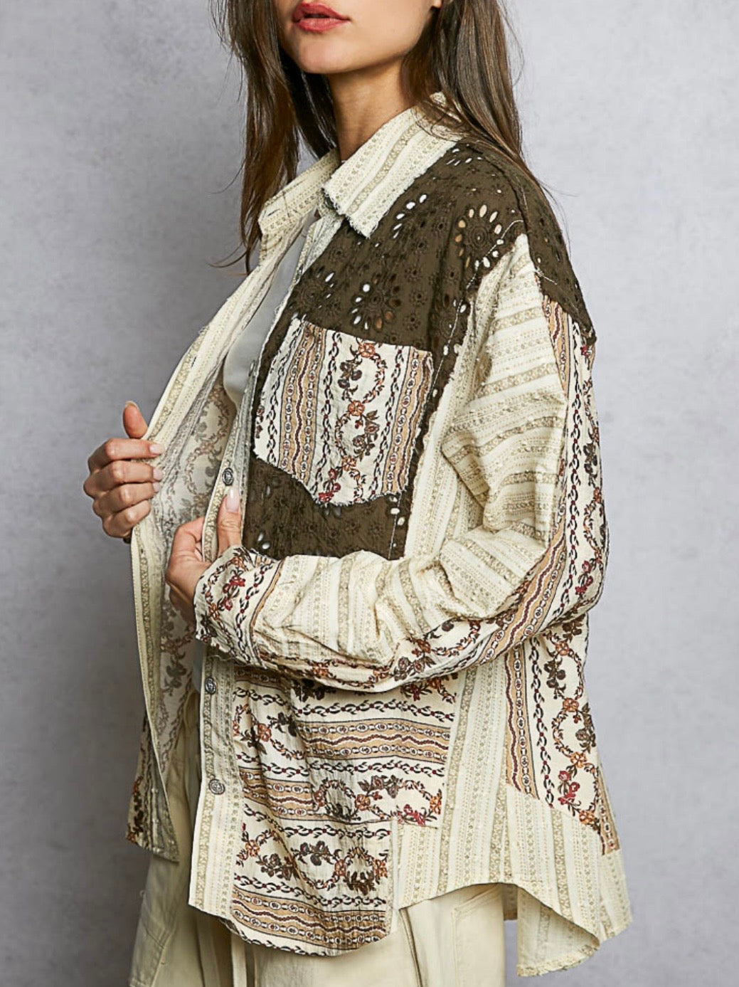 Beige and brown mix fabrics shacket - shirt lace details