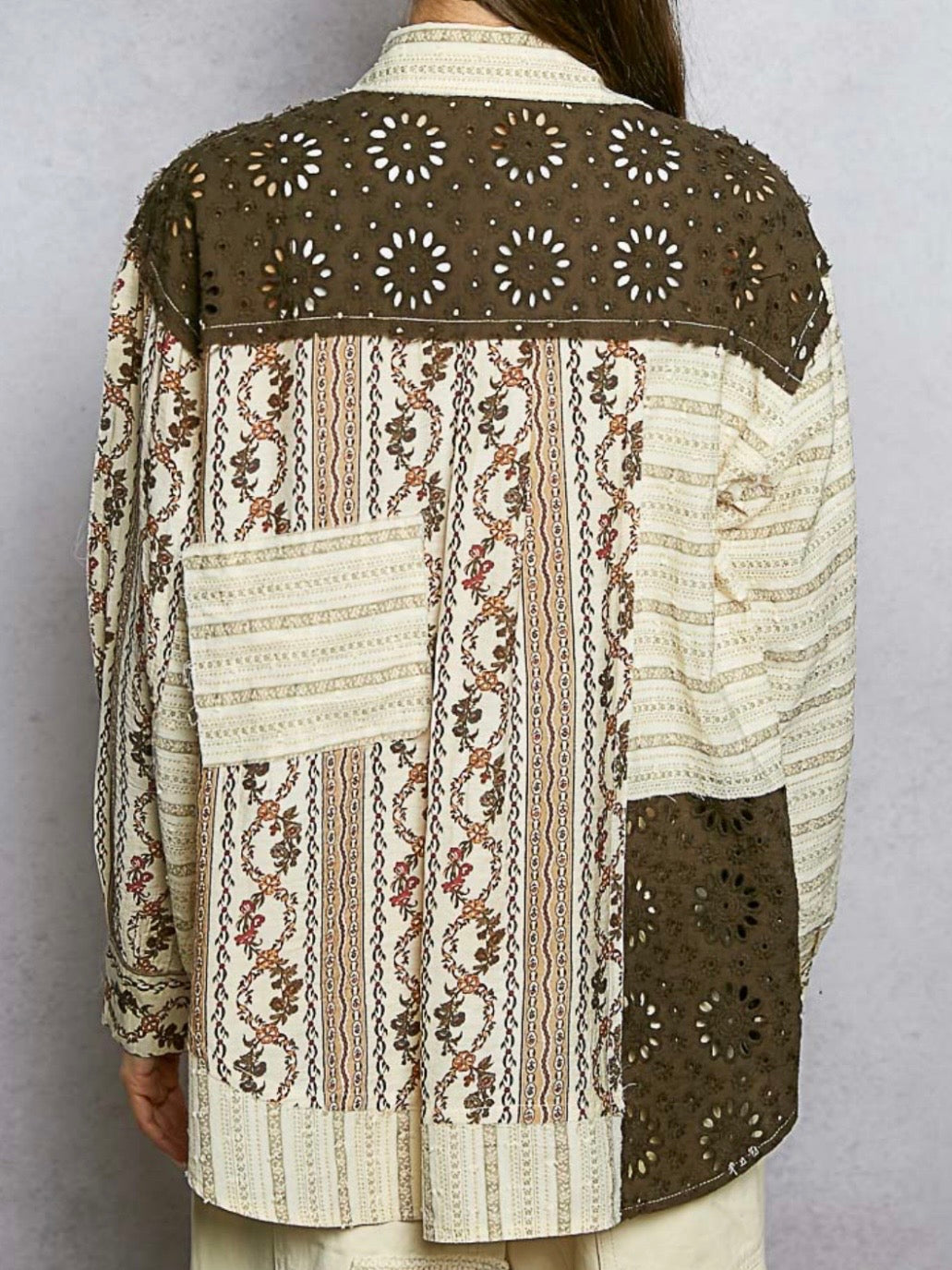 Beige and brown mix fabrics shacket - shirt lace details