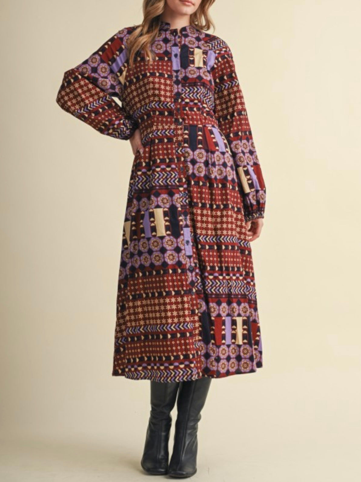 Geometric Print Long Sleeve Cotton Midi Dress