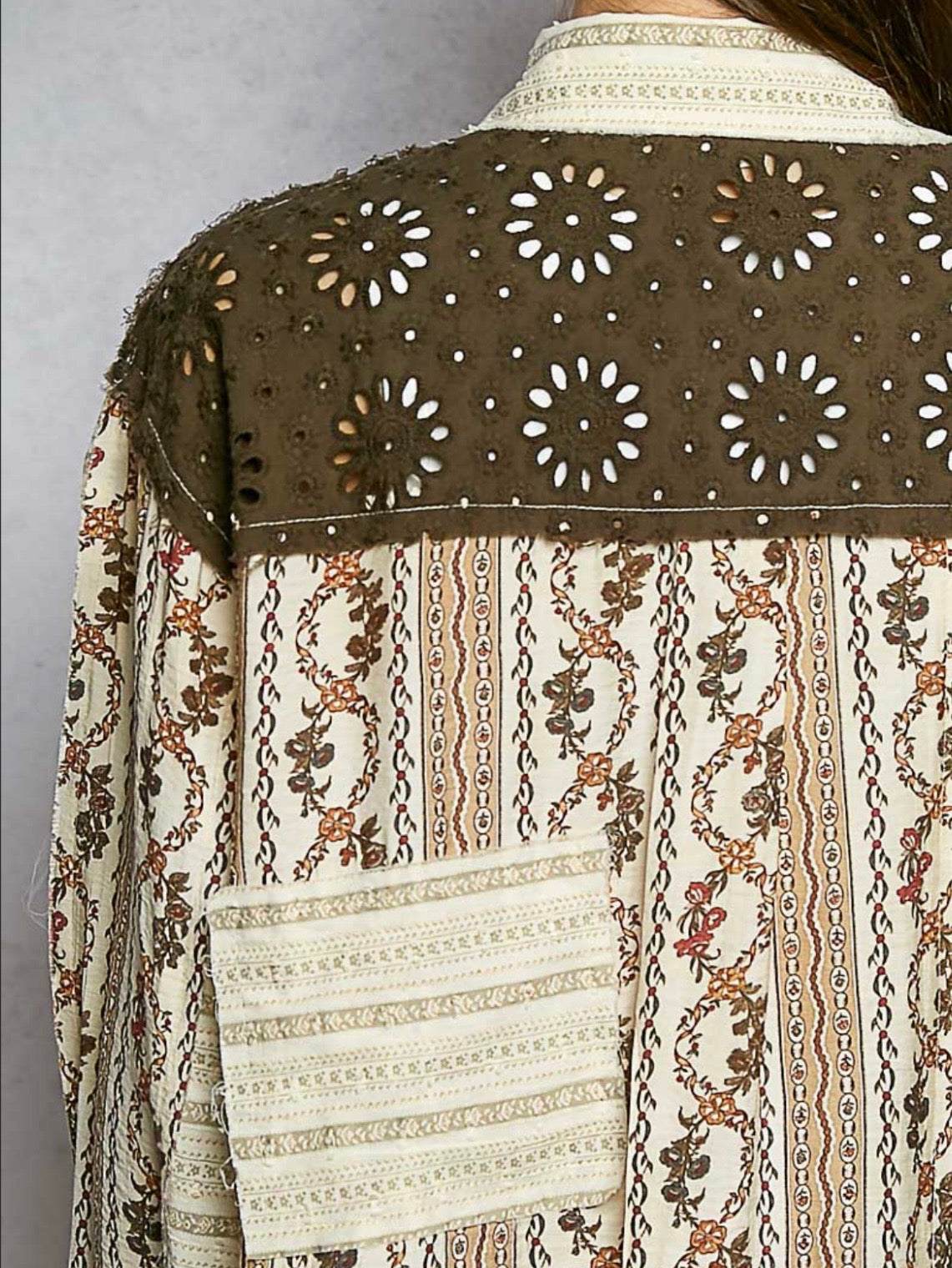 Beige and brown mix fabrics shacket - shirt lace details