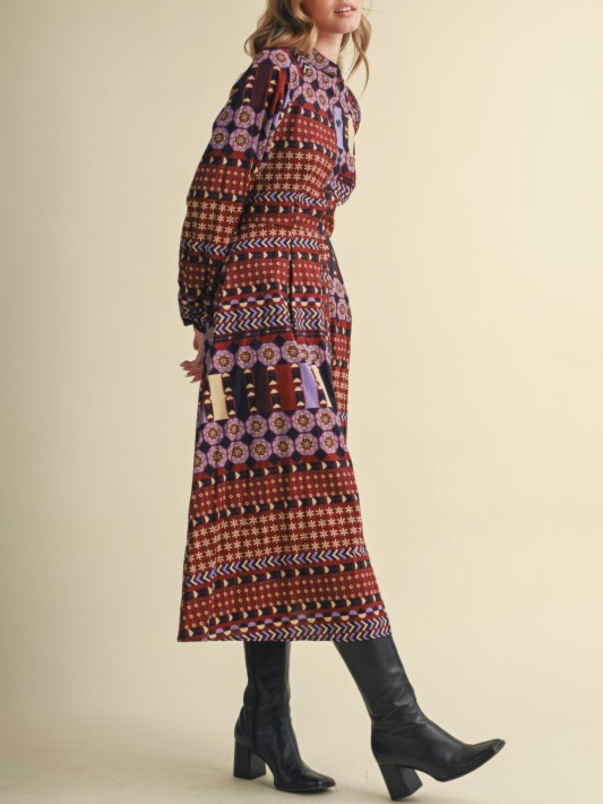 Geometric Print Long Sleeve Cotton Midi Dress