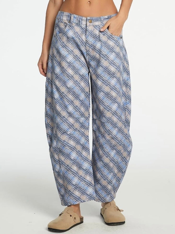 Light Blue and beige Striped & Square Print Barrel Pants – Limited Edition