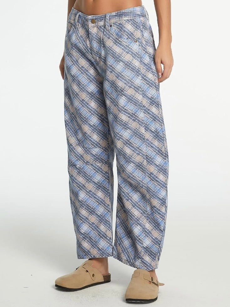 Light Blue and beige Striped & Square Print Barrel Pants – Limited Edition