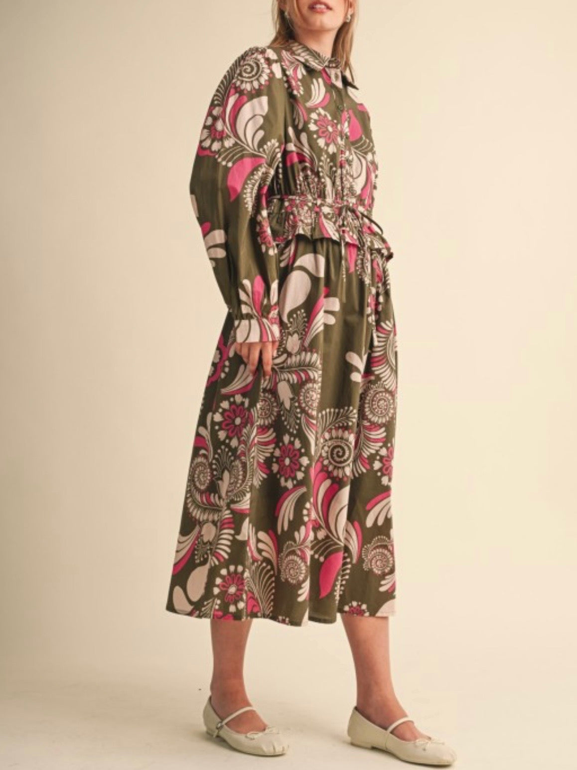 Olive Green Floral Cotton Midi Shirt Dress