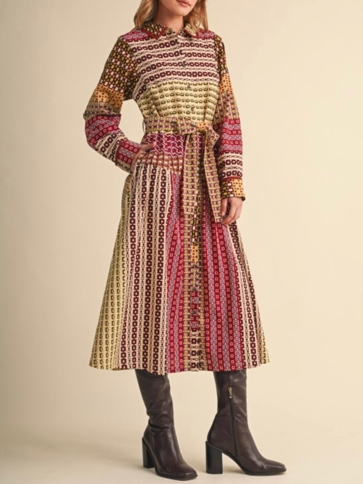 Geometric Print Belted Cotton Midi Shirt Dress