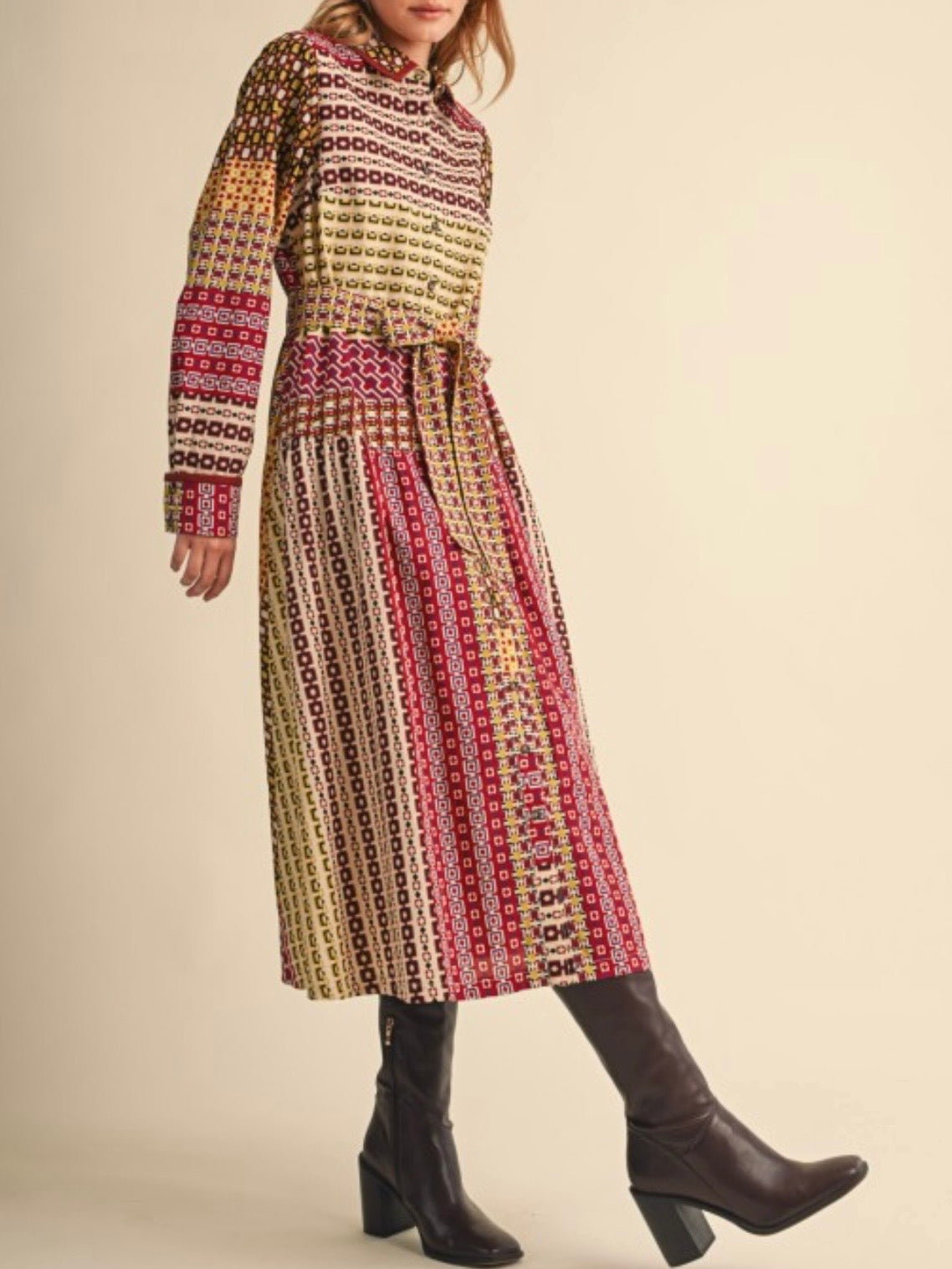 Geometric Print Belted Cotton Midi Shirt Dress