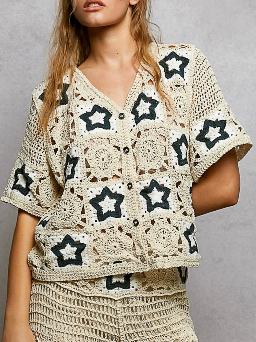 Blue Stars beige crochet set of 2 top and pants