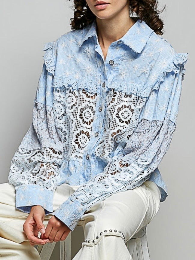 Light blue and white crochet floral lace shirt